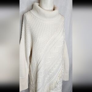 Chico's Cream‎ Textured Oversized Fringe Knit Turtleneck Sweater Size M Or 1